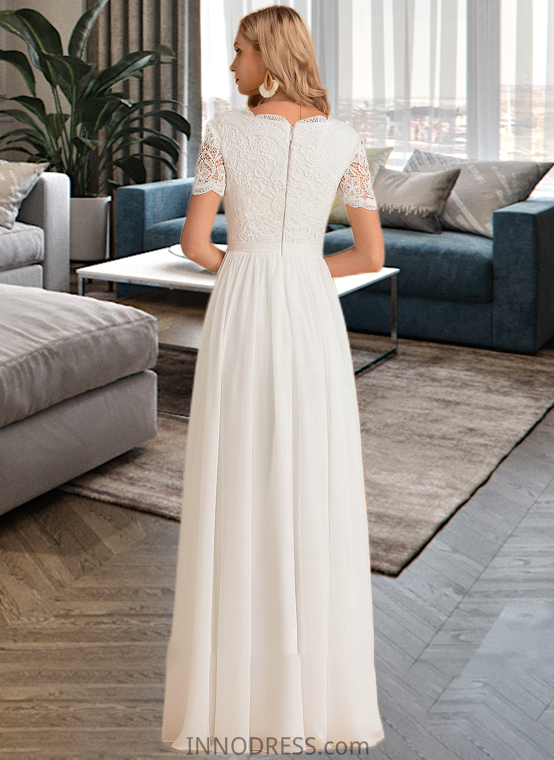 Jazlynn A-Line V-neck Floor-Length Chiffon Lace Wedding Dress DPP0013678