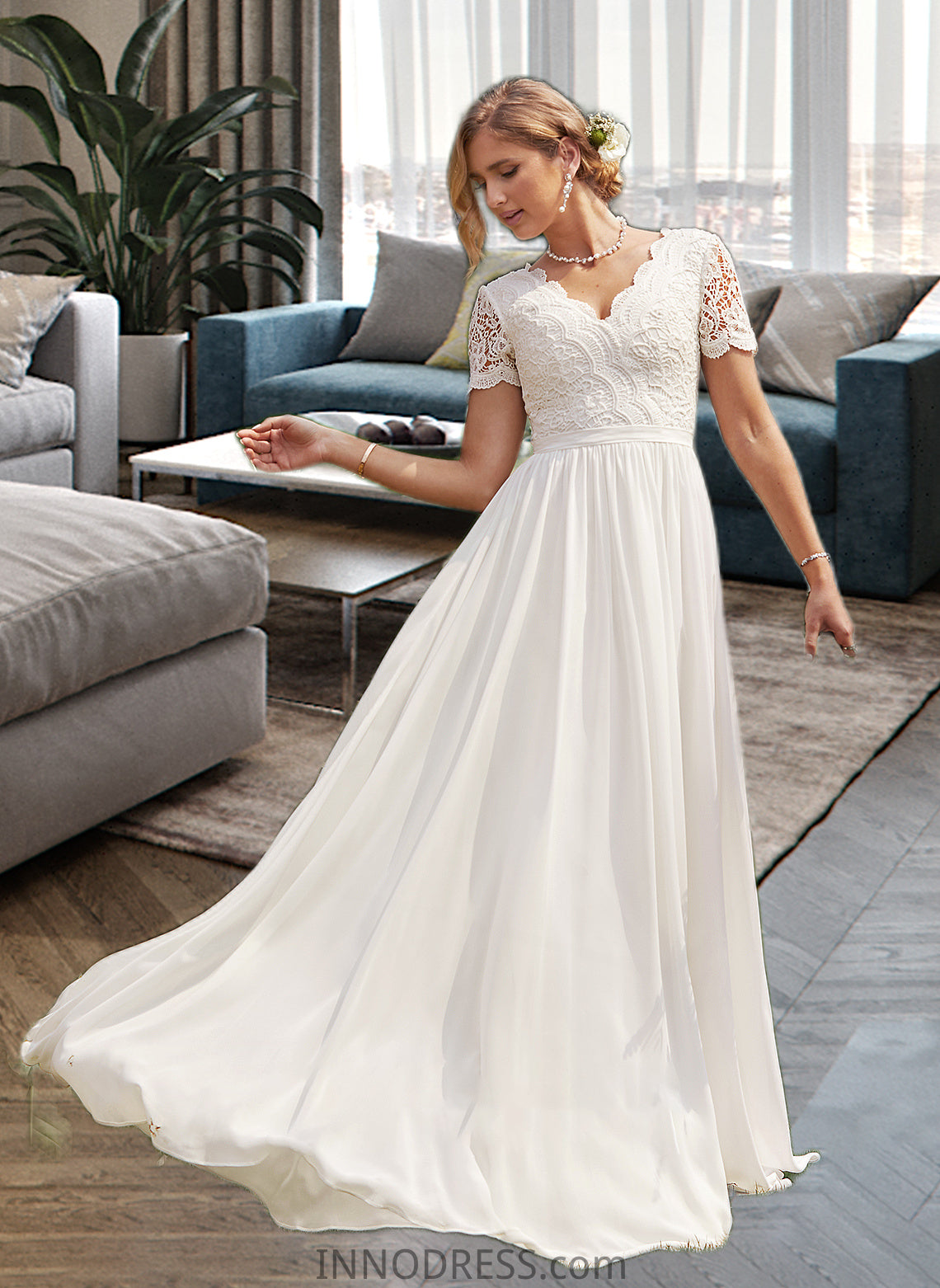 Jazlynn A-Line V-neck Floor-Length Chiffon Lace Wedding Dress DPP0013678