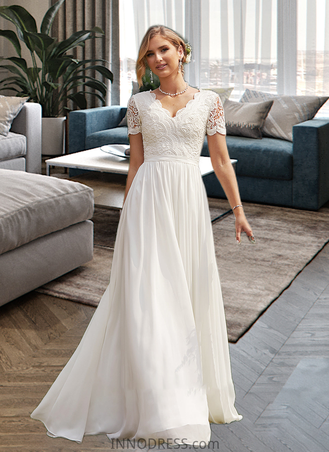 Jazlynn A-Line V-neck Floor-Length Chiffon Lace Wedding Dress DPP0013678