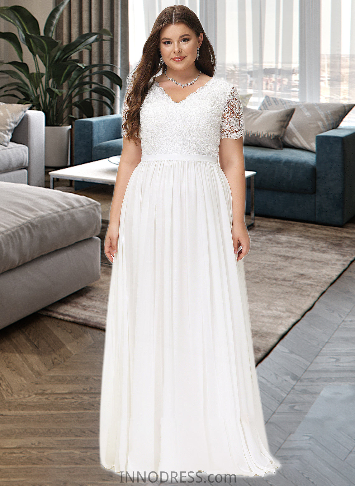 Jazlynn A-Line V-neck Floor-Length Chiffon Lace Wedding Dress DPP0013678