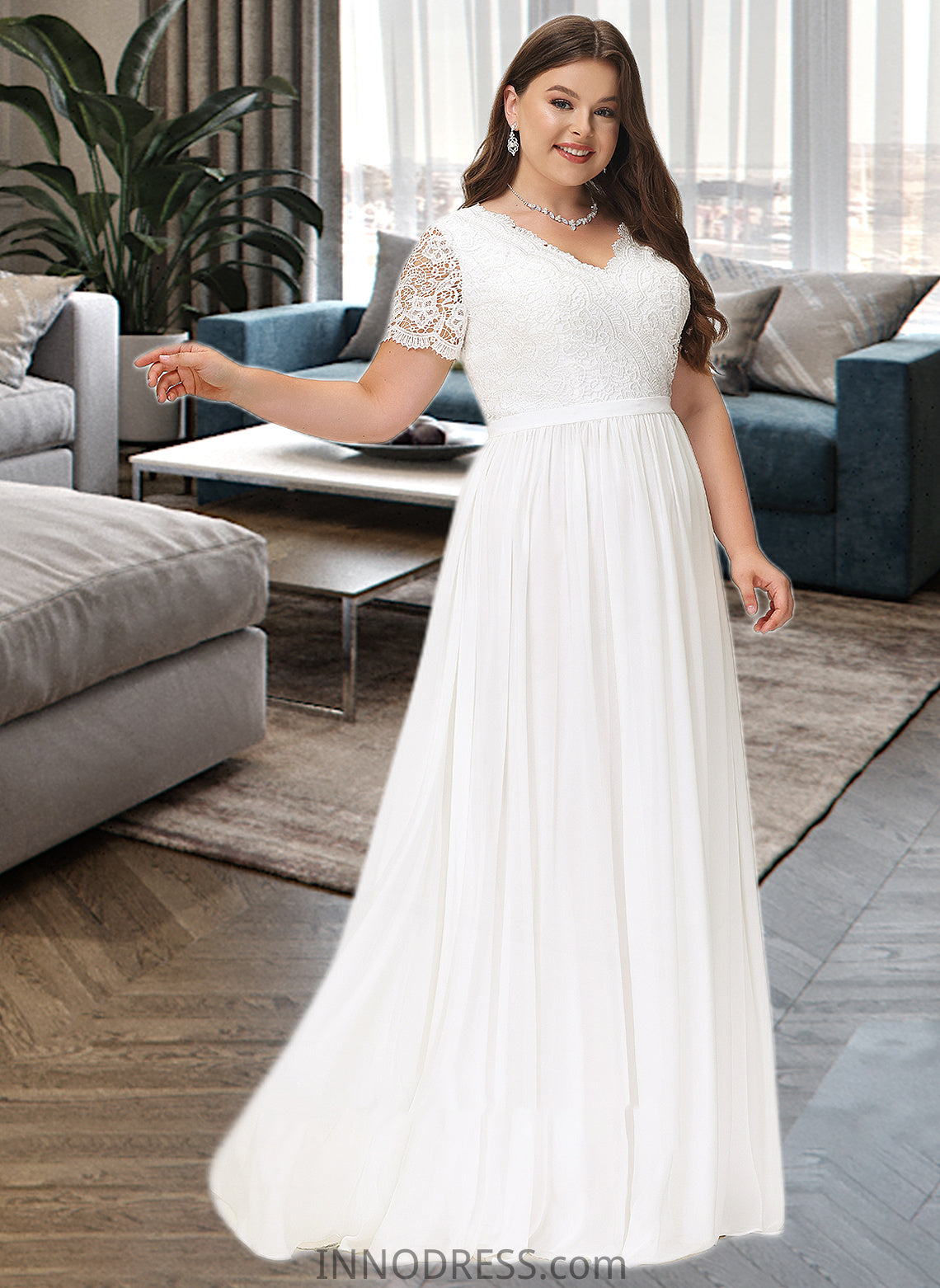 Jazlynn A-Line V-neck Floor-Length Chiffon Lace Wedding Dress DPP0013678