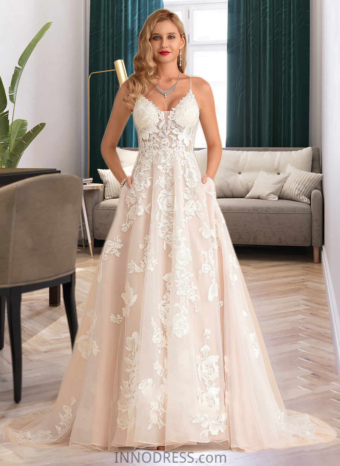 India Ball-Gown/Princess V-neck Court Train Tulle Lace Wedding Dress With Beading Pockets DPP0013679