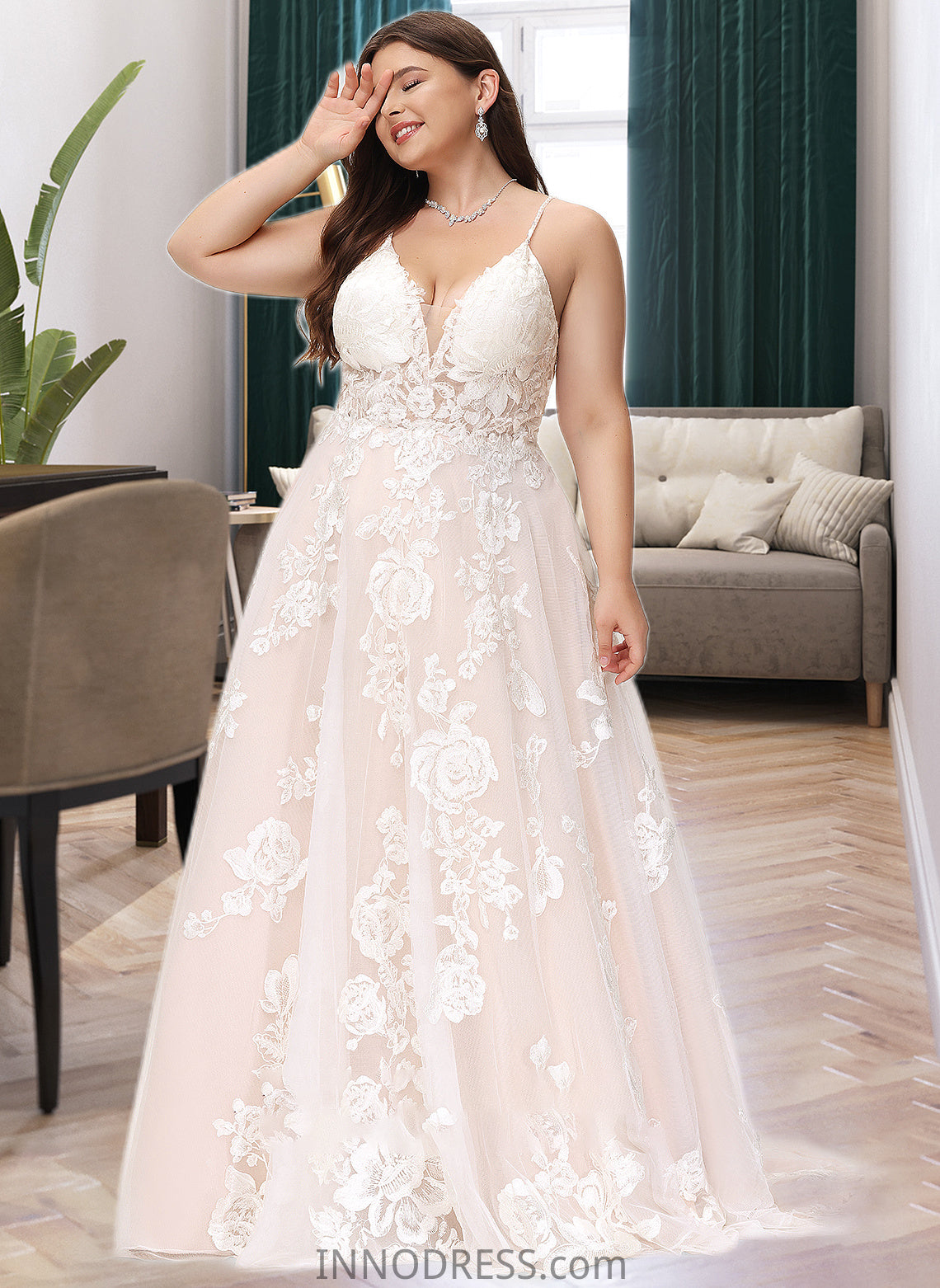 India Ball-Gown/Princess V-neck Court Train Tulle Lace Wedding Dress With Beading Pockets DPP0013679