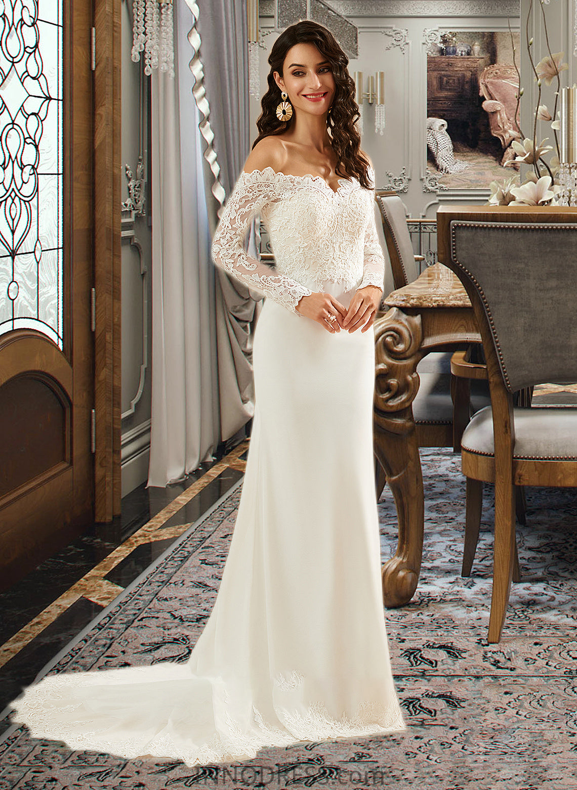 Heidy Trumpet/Mermaid Off-the-Shoulder Court Train Wedding Dress With Lace DPP0013680