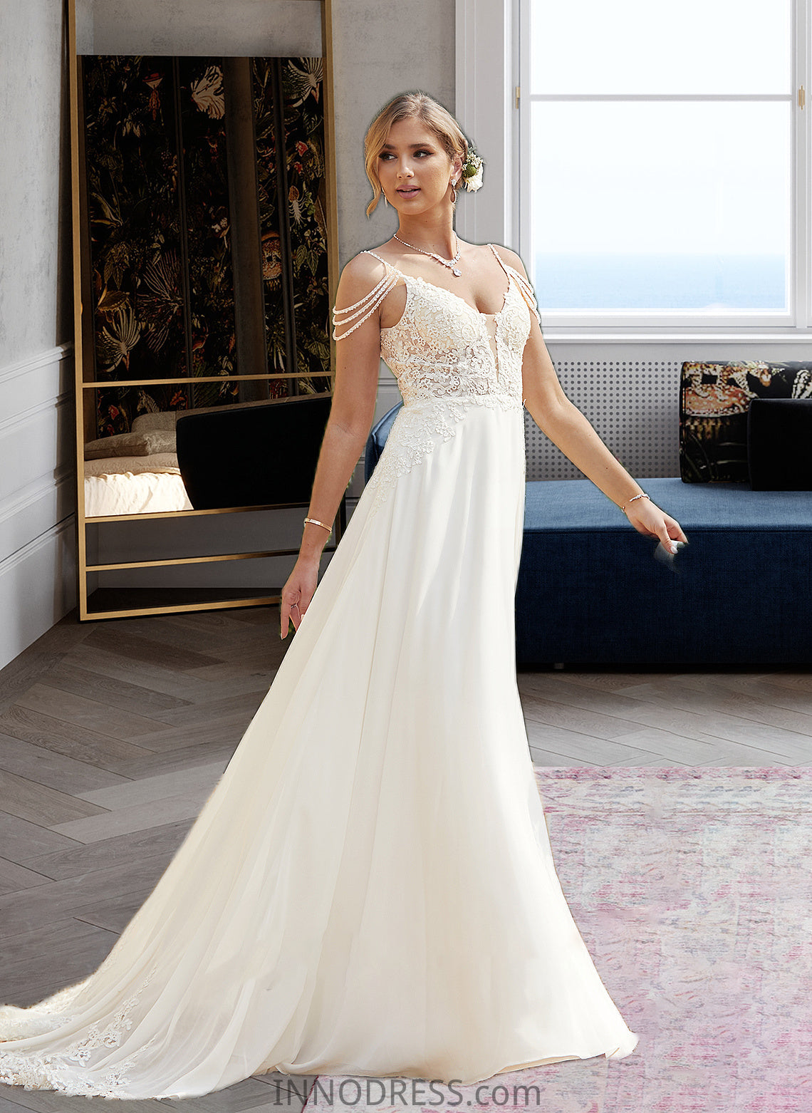 Aisha A-Line V-neck Sweep Train Chiffon Lace Wedding Dress With Beading Sequins DPP0013681