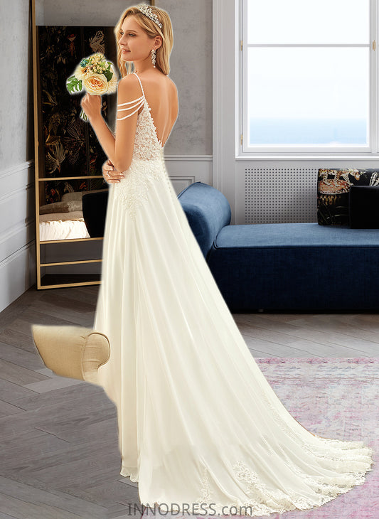 Aisha A-Line V-neck Sweep Train Chiffon Lace Wedding Dress With Beading Sequins DPP0013681