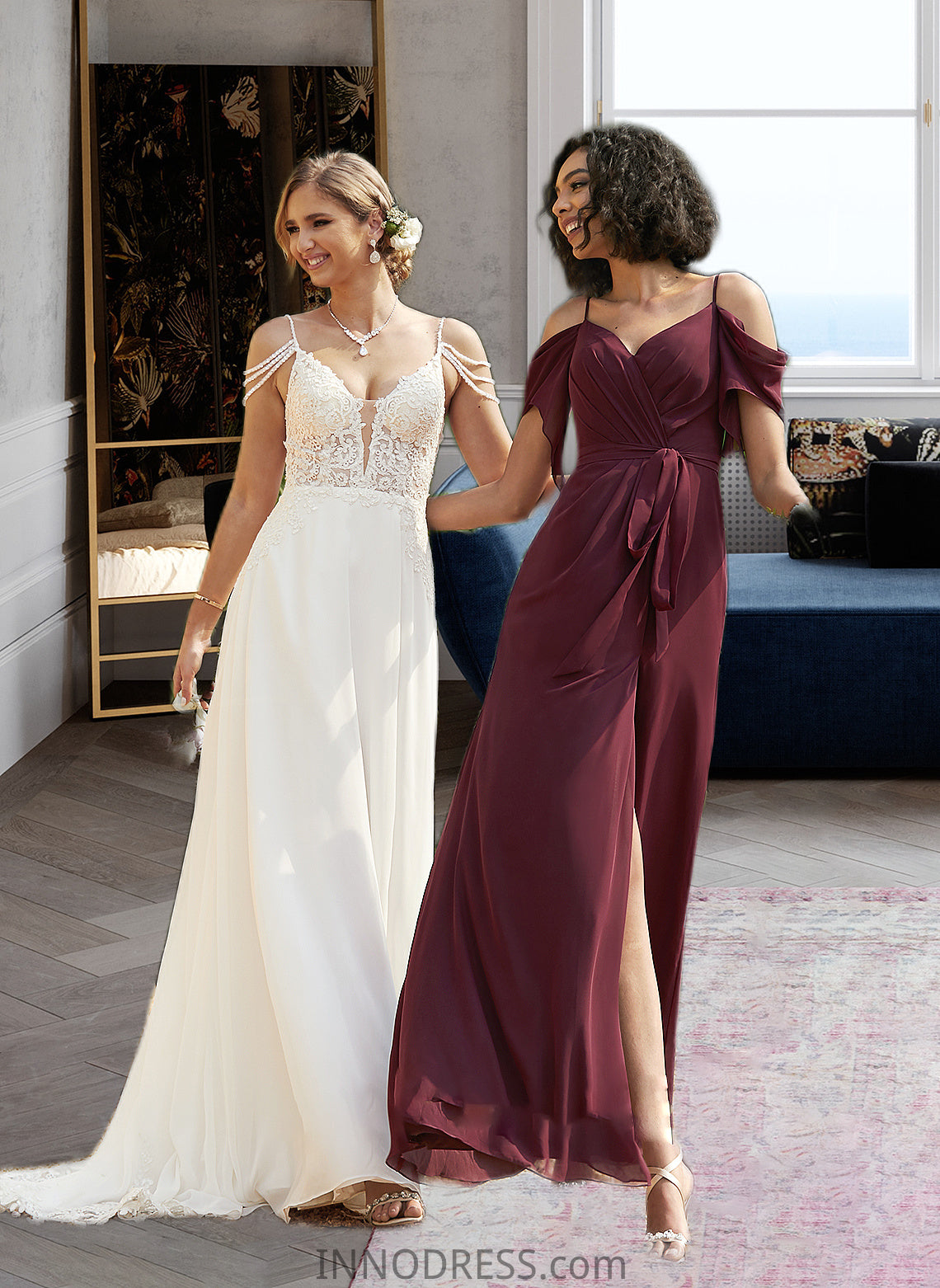 Aisha A-Line V-neck Sweep Train Chiffon Lace Wedding Dress With Beading Sequins DPP0013681