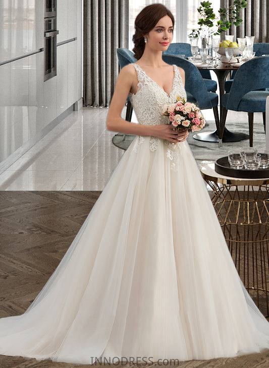 Summer Ball-Gown/Princess V-neck Court Train Tulle Wedding Dress DPP0013682