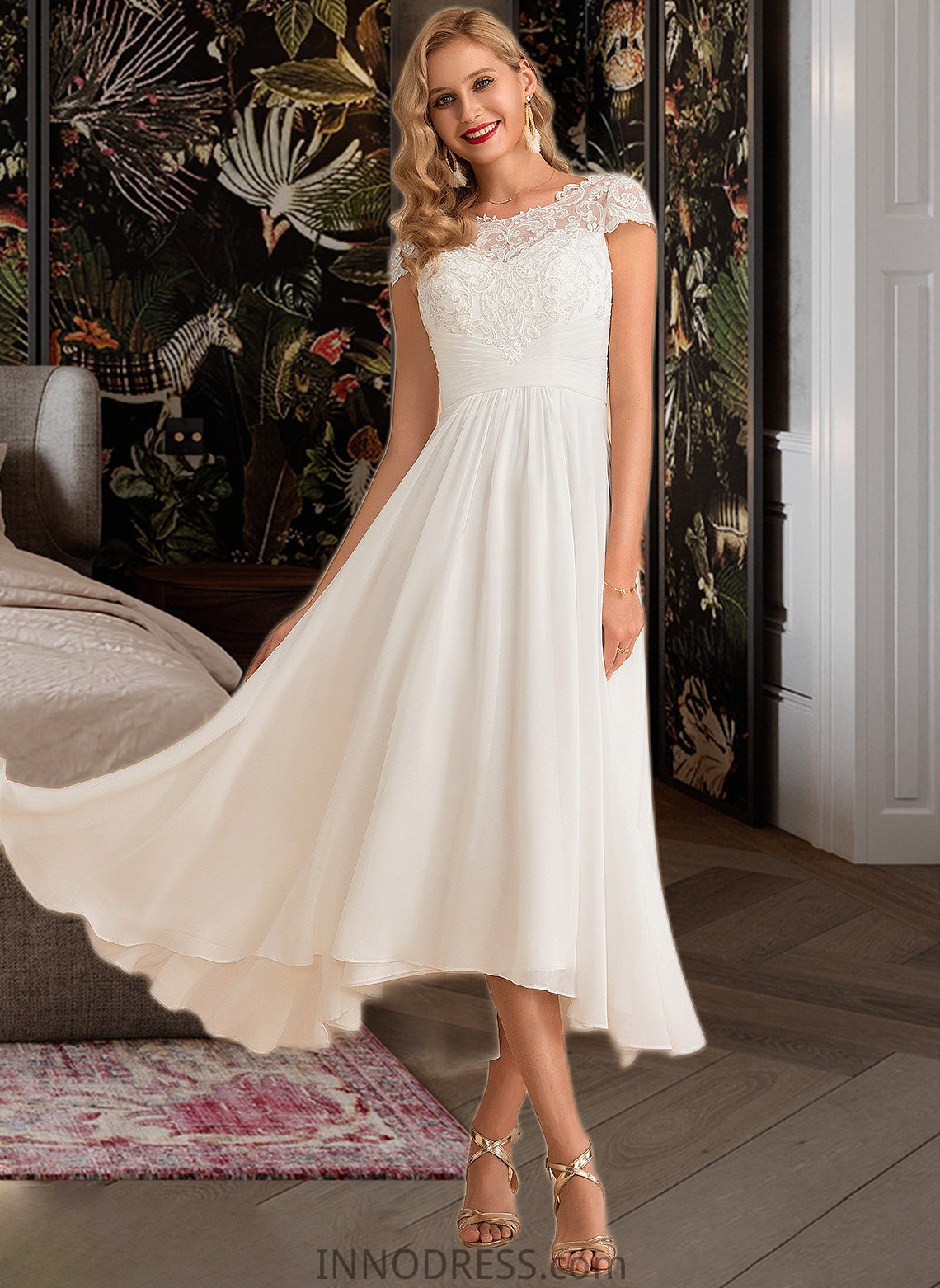 Sienna A-Line Scoop Neck Asymmetrical Chiffon Wedding Dress DPP0013683