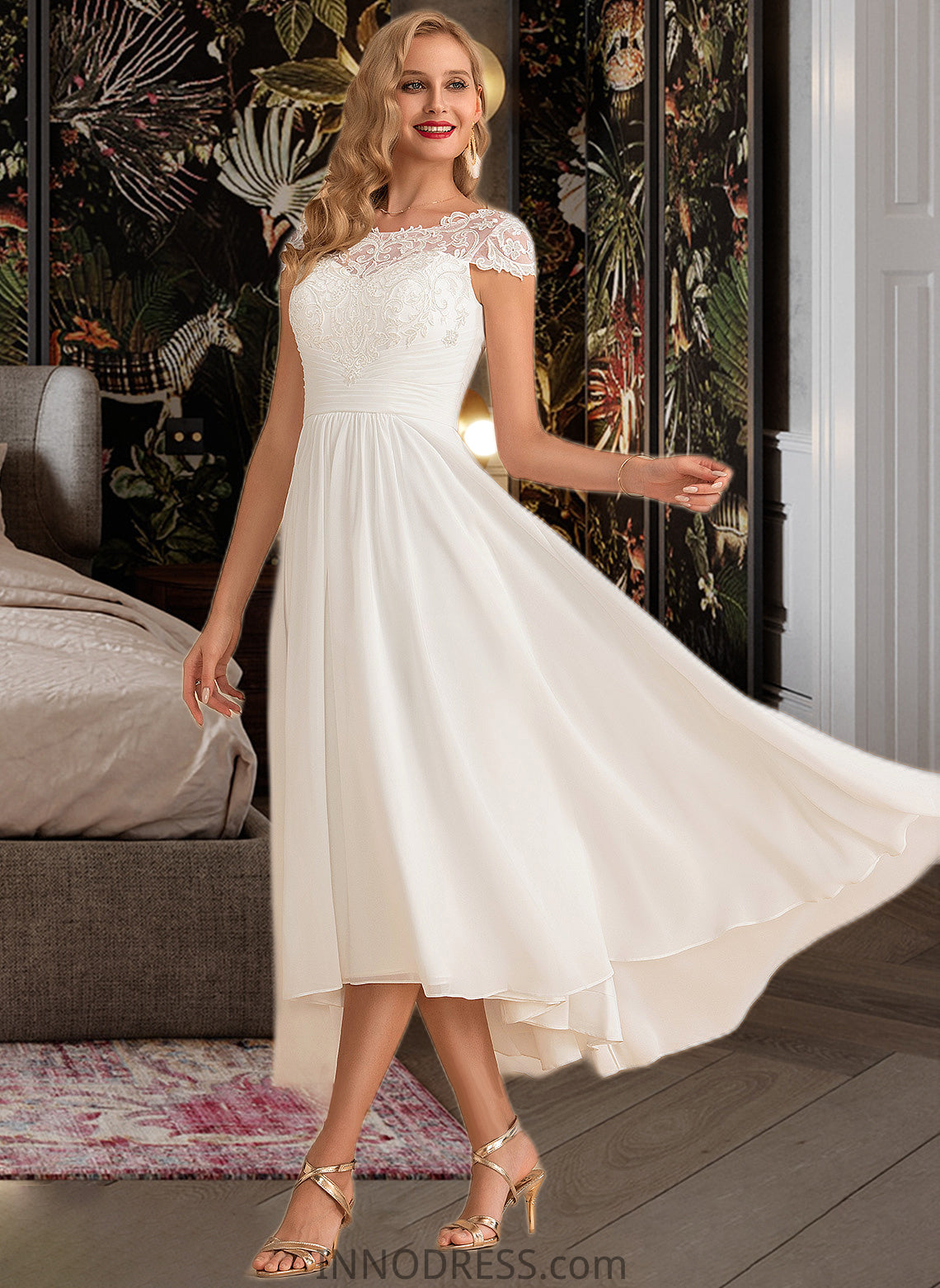 Sienna A-Line Scoop Neck Asymmetrical Chiffon Wedding Dress DPP0013683