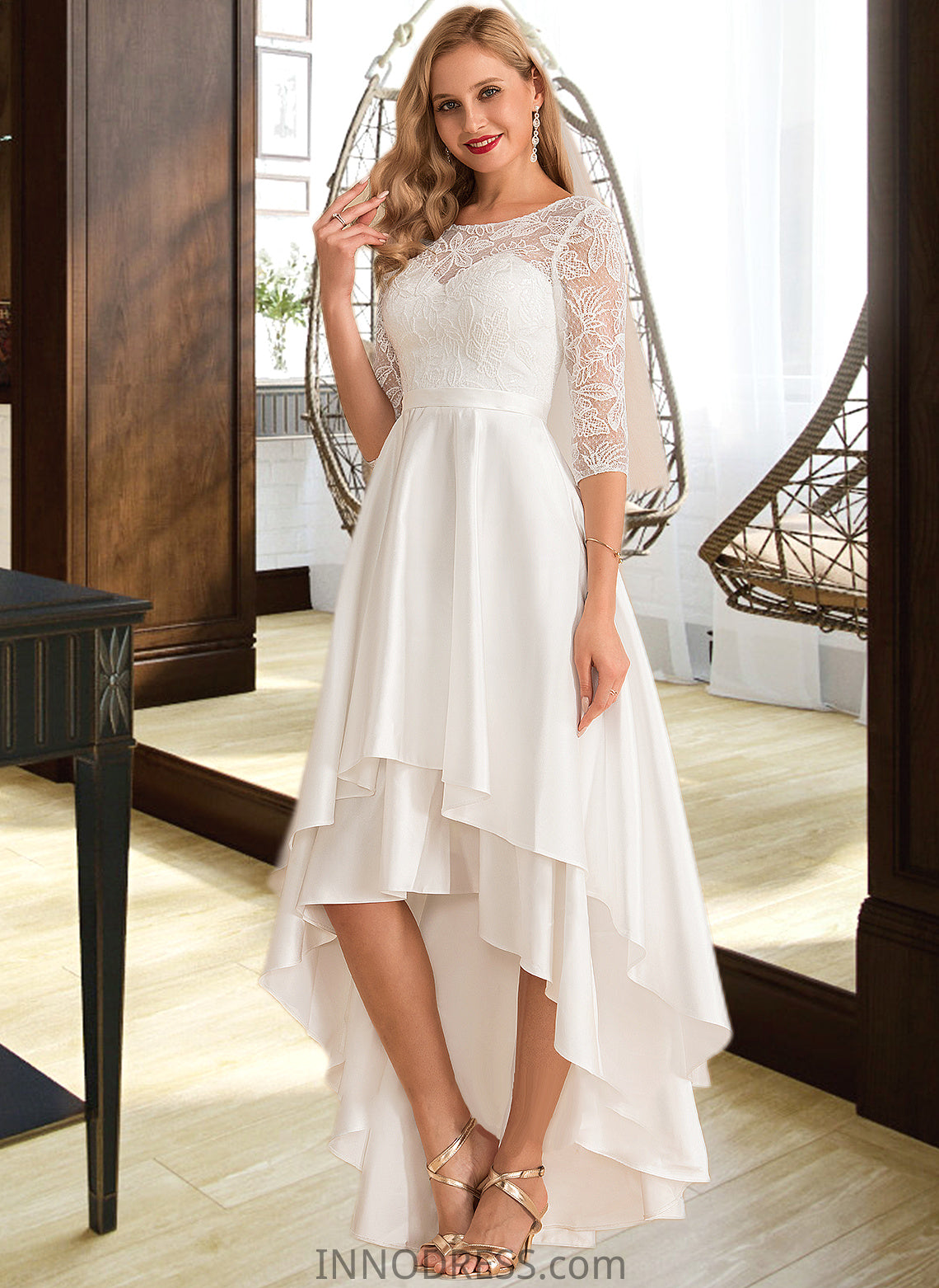 Persis A-Line Scoop Neck Asymmetrical Satin Lace Wedding Dress DPP0013684