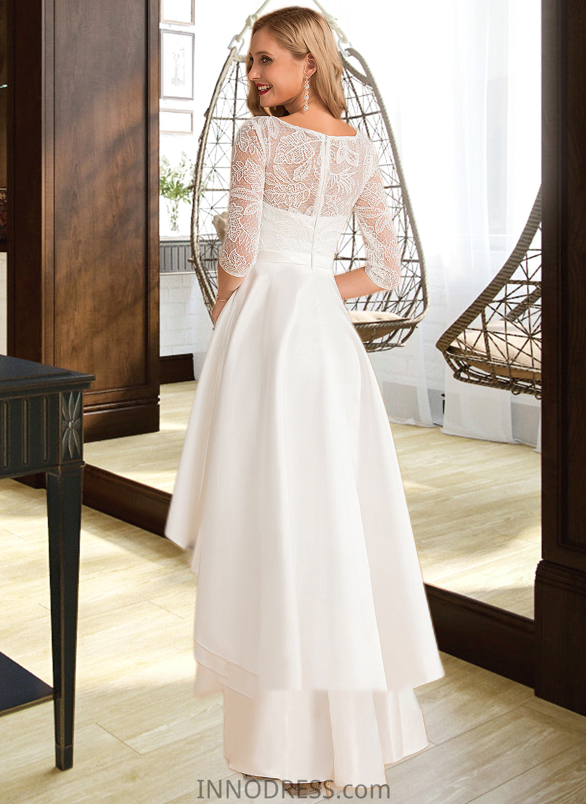 Persis A-Line Scoop Neck Asymmetrical Satin Lace Wedding Dress DPP0013684