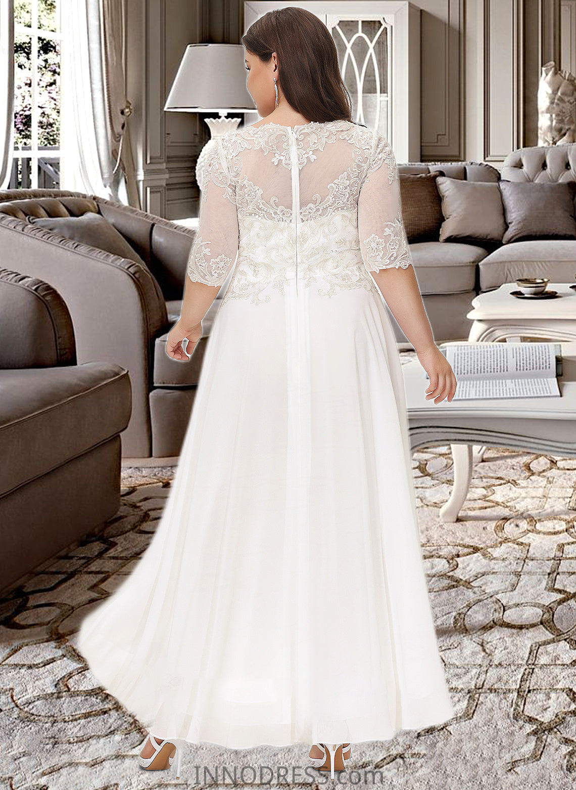 Rhoda A-Line Scoop Neck Asymmetrical Chiffon Wedding Dress With Beading Sequins DPP0013686