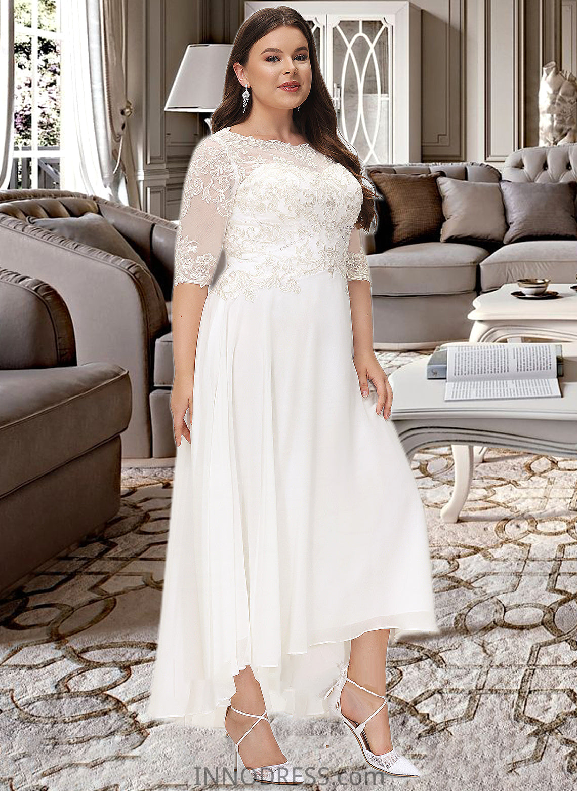 Rhoda A-Line Scoop Neck Asymmetrical Chiffon Wedding Dress With Beading Sequins DPP0013686