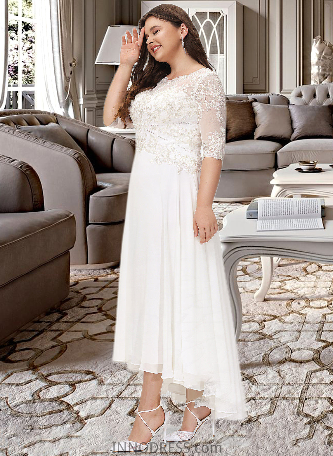 Rhoda A-Line Scoop Neck Asymmetrical Chiffon Wedding Dress With Beading Sequins DPP0013686