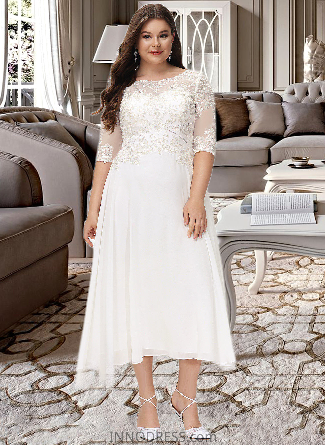 Rhoda A-Line Scoop Neck Asymmetrical Chiffon Wedding Dress With Beading Sequins DPP0013686