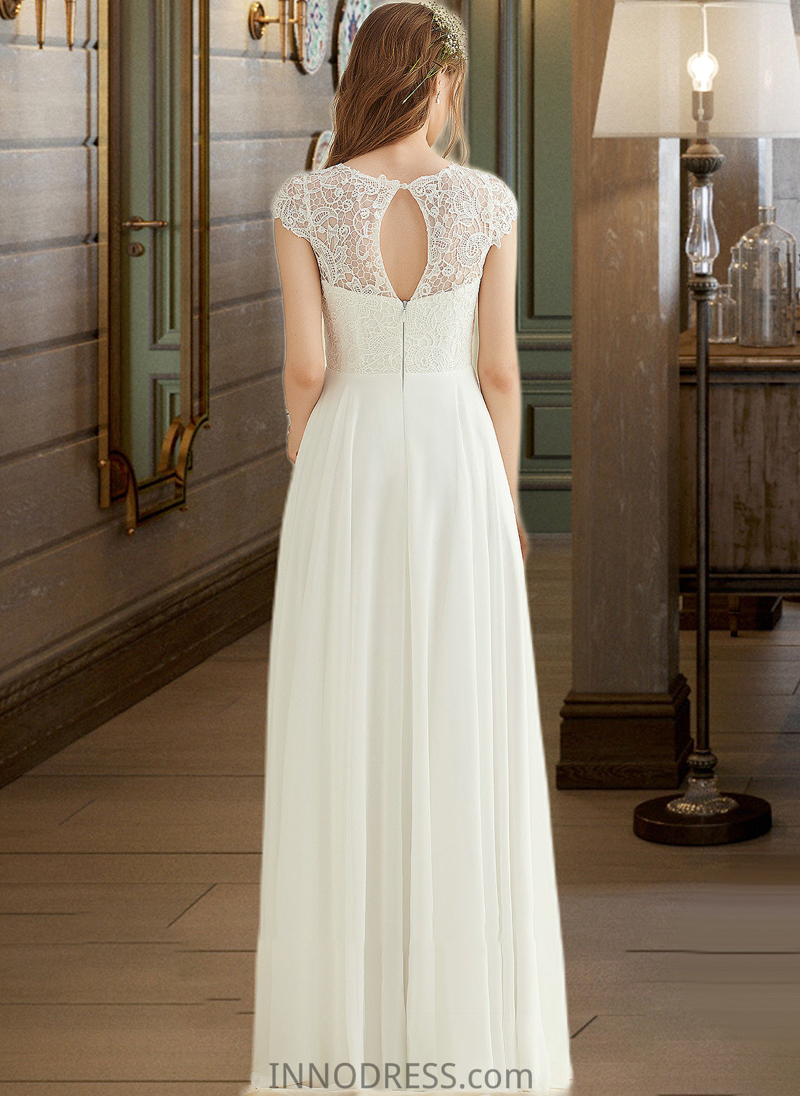 Jordan A-Line Floor-Length Chiffon Lace Wedding Dress DPP0013687