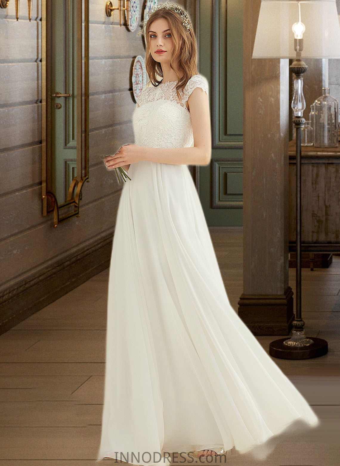 Jordan A-Line Floor-Length Chiffon Lace Wedding Dress DPP0013687