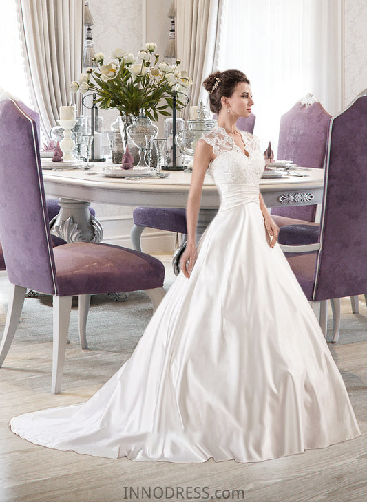 Millie Ball-Gown/Princess V-neck Court Train Satin Lace Wedding Dress With Ruffle DPP0013688