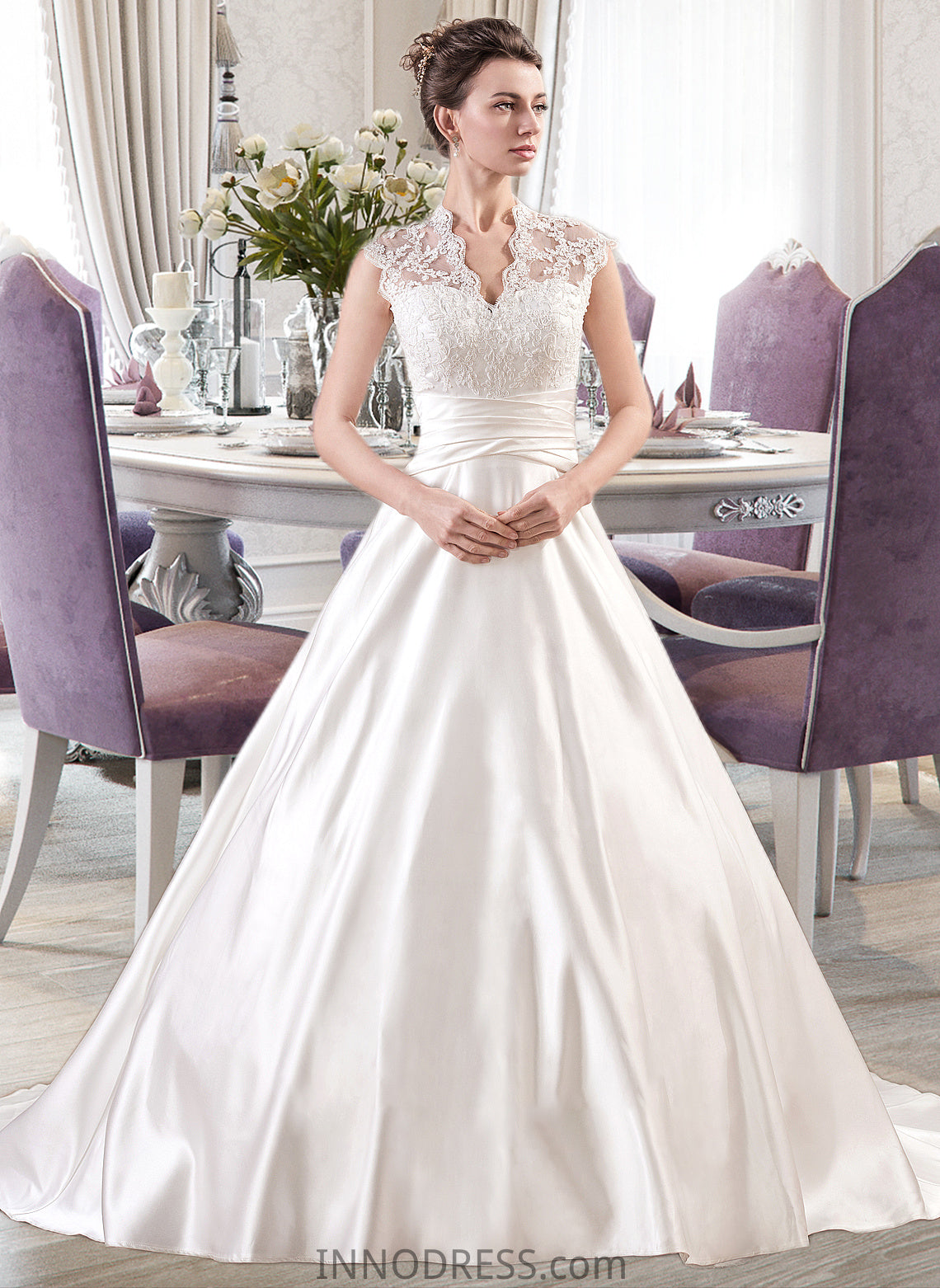 Millie Ball-Gown/Princess V-neck Court Train Satin Lace Wedding Dress With Ruffle DPP0013688