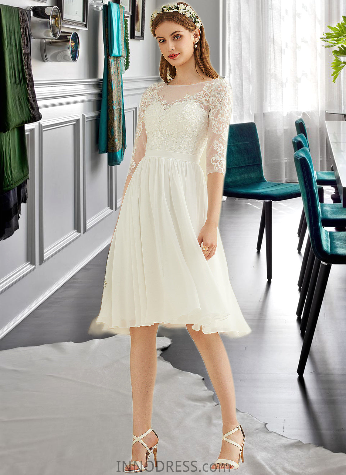 Scarlet A-Line Knee-Length Chiffon Lace Wedding Dress With Sequins DPP0013689