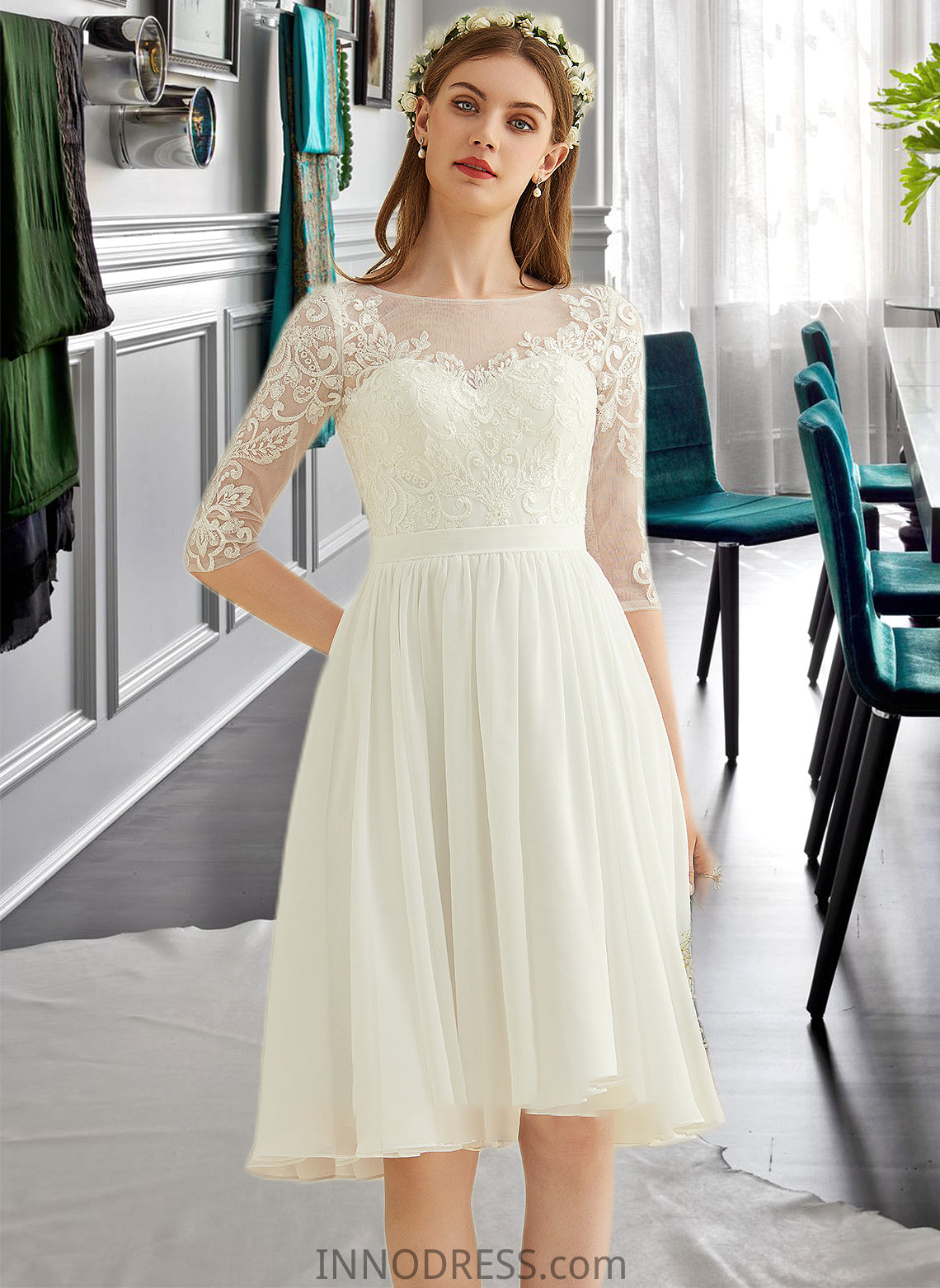 Scarlet A-Line Knee-Length Chiffon Lace Wedding Dress With Sequins DPP0013689