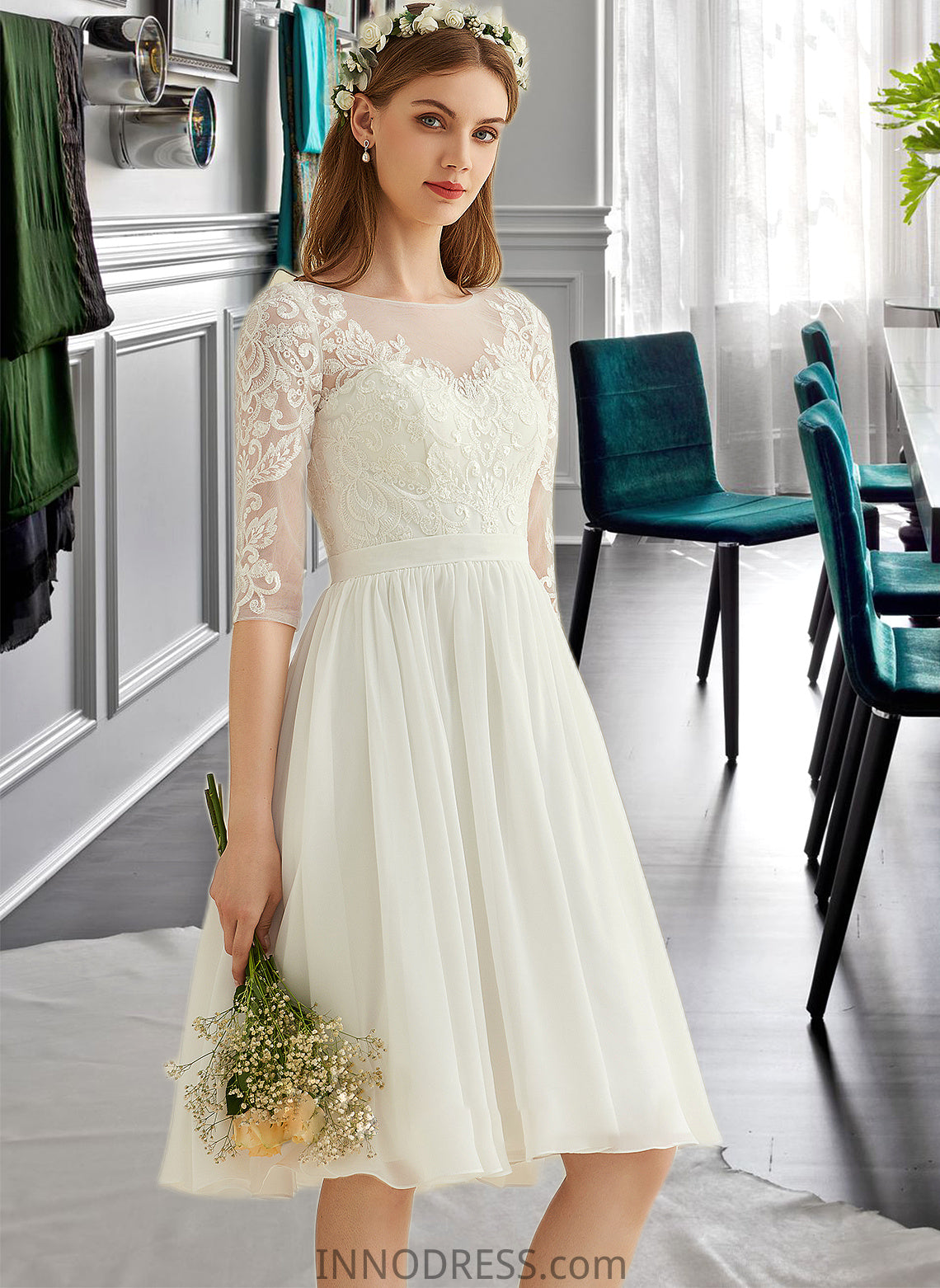 Scarlet A-Line Knee-Length Chiffon Lace Wedding Dress With Sequins DPP0013689