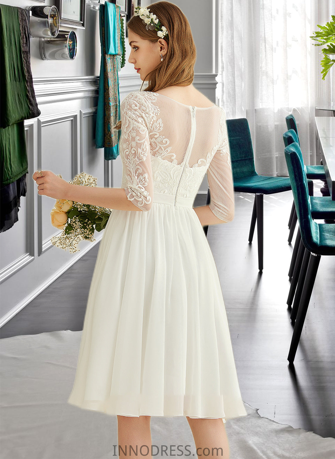 Scarlet A-Line Knee-Length Chiffon Lace Wedding Dress With Sequins DPP0013689