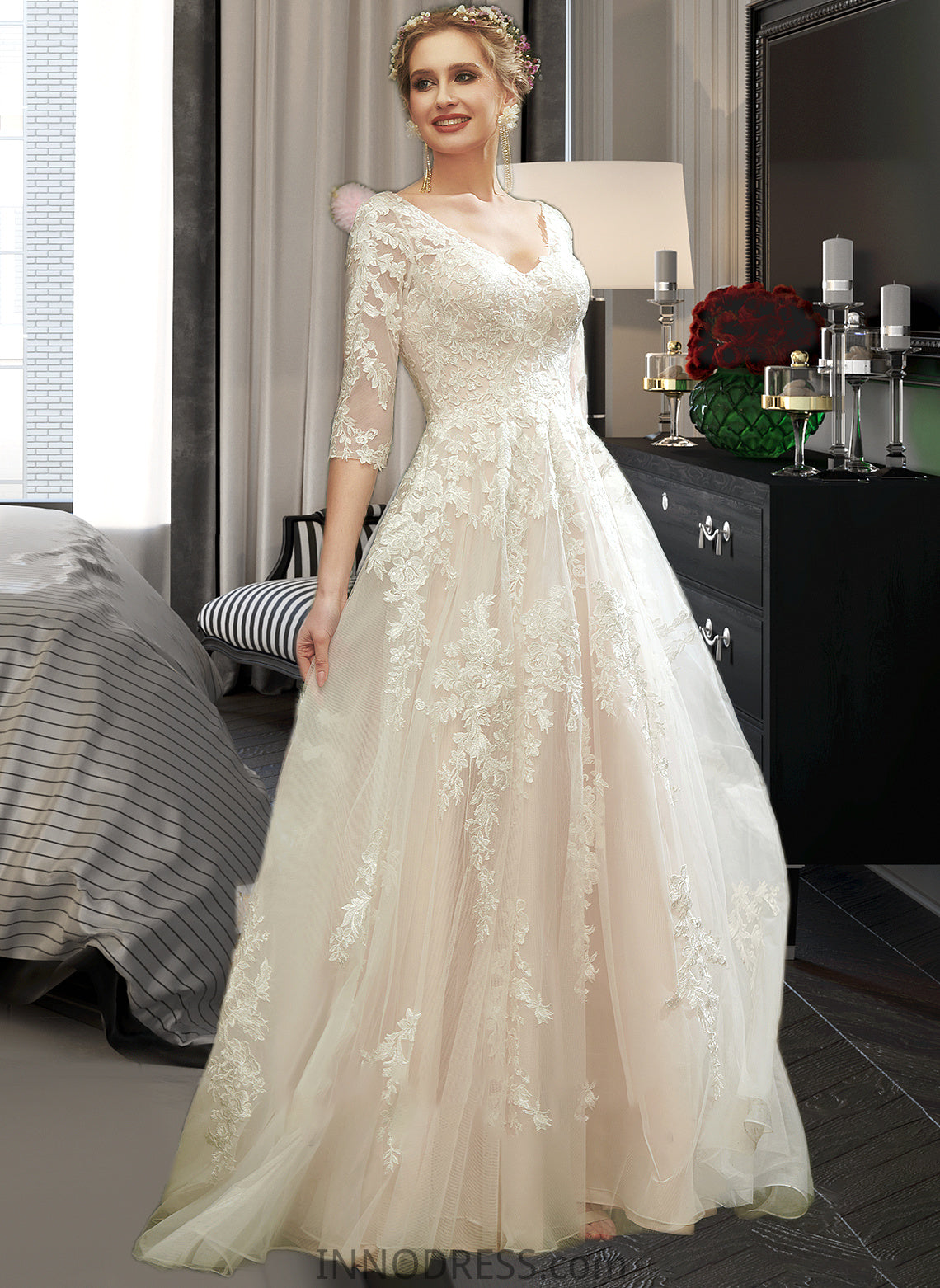 Selah A-Line V-neck Court Train Wedding Dress With Sequins DPP0013690