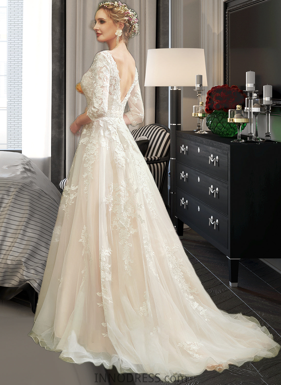 Selah A-Line V-neck Court Train Wedding Dress With Sequins DPP0013690