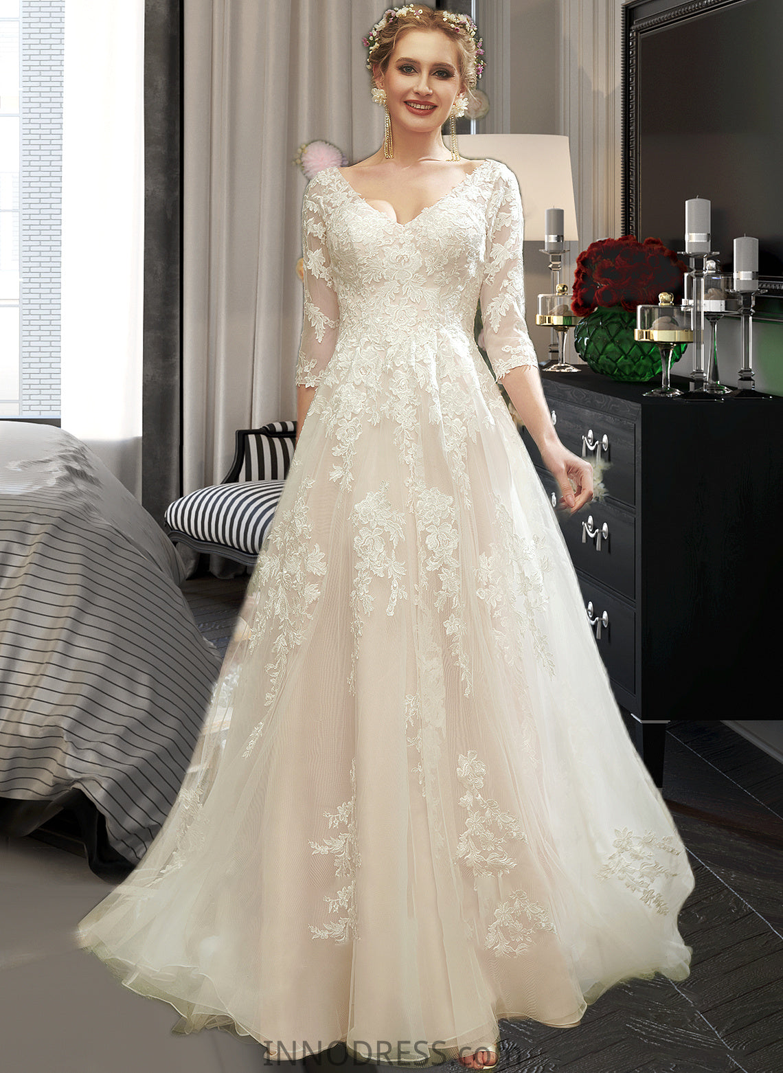 Selah A-Line V-neck Court Train Wedding Dress With Sequins DPP0013690