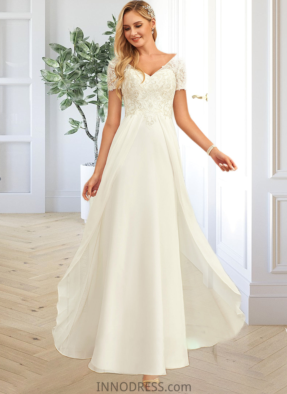 Luciana A-Line V-neck Floor-Length Chiffon Lace Wedding Dress With Lace DPP0013691