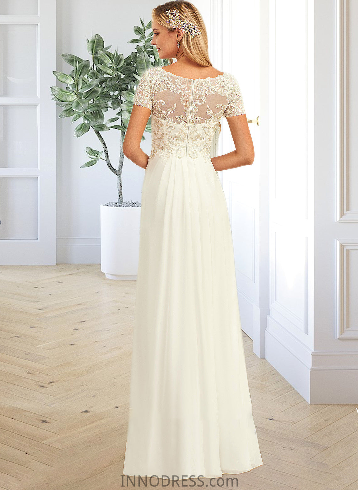 Luciana A-Line V-neck Floor-Length Chiffon Lace Wedding Dress With Lace DPP0013691