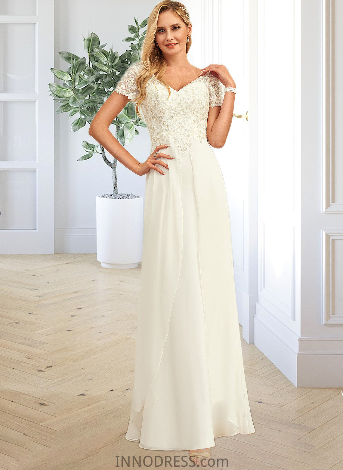 Luciana A-Line V-neck Floor-Length Chiffon Lace Wedding Dress With Lace DPP0013691