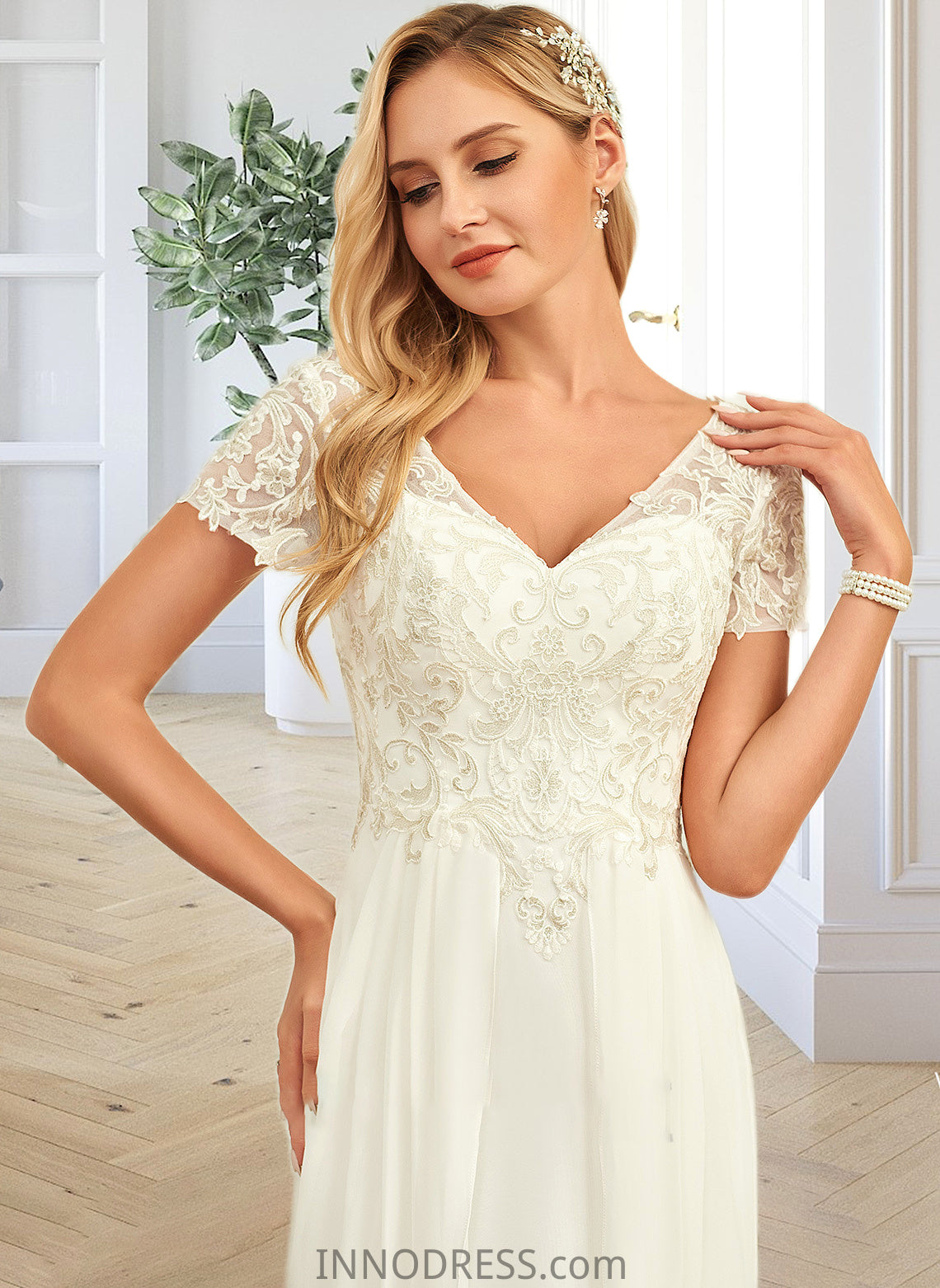 Luciana A-Line V-neck Floor-Length Chiffon Lace Wedding Dress With Lace DPP0013691