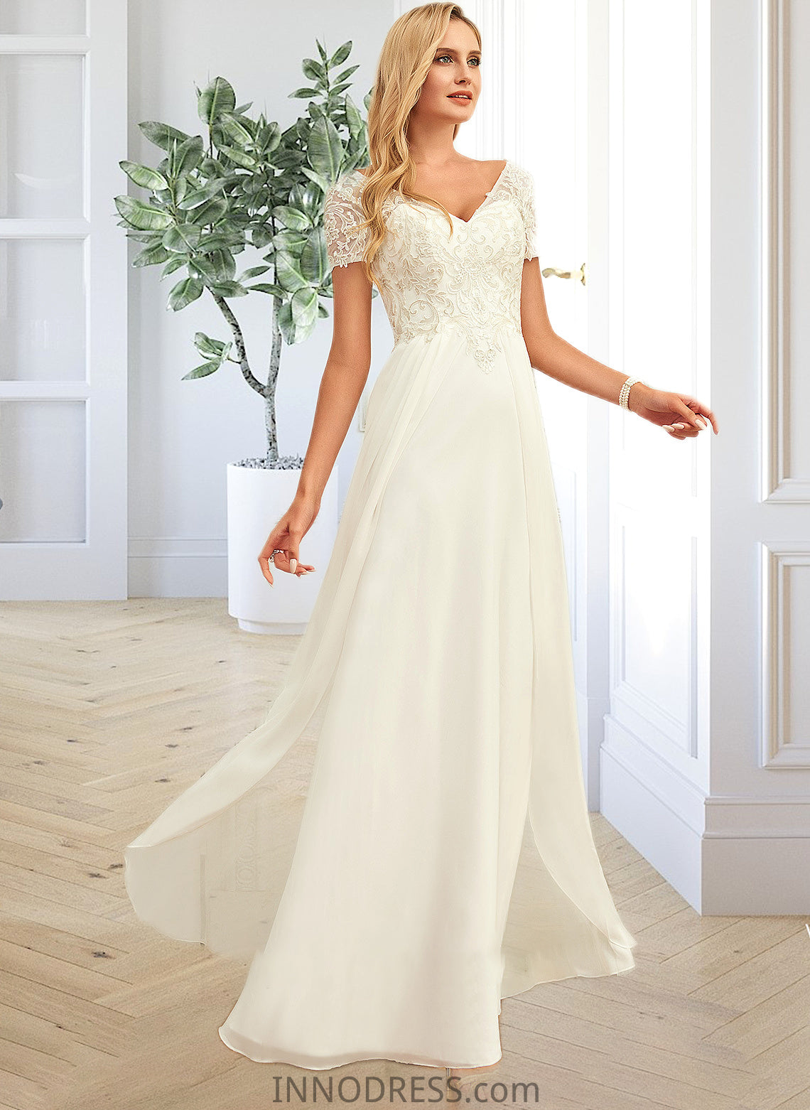 Luciana A-Line V-neck Floor-Length Chiffon Lace Wedding Dress With Lace DPP0013691