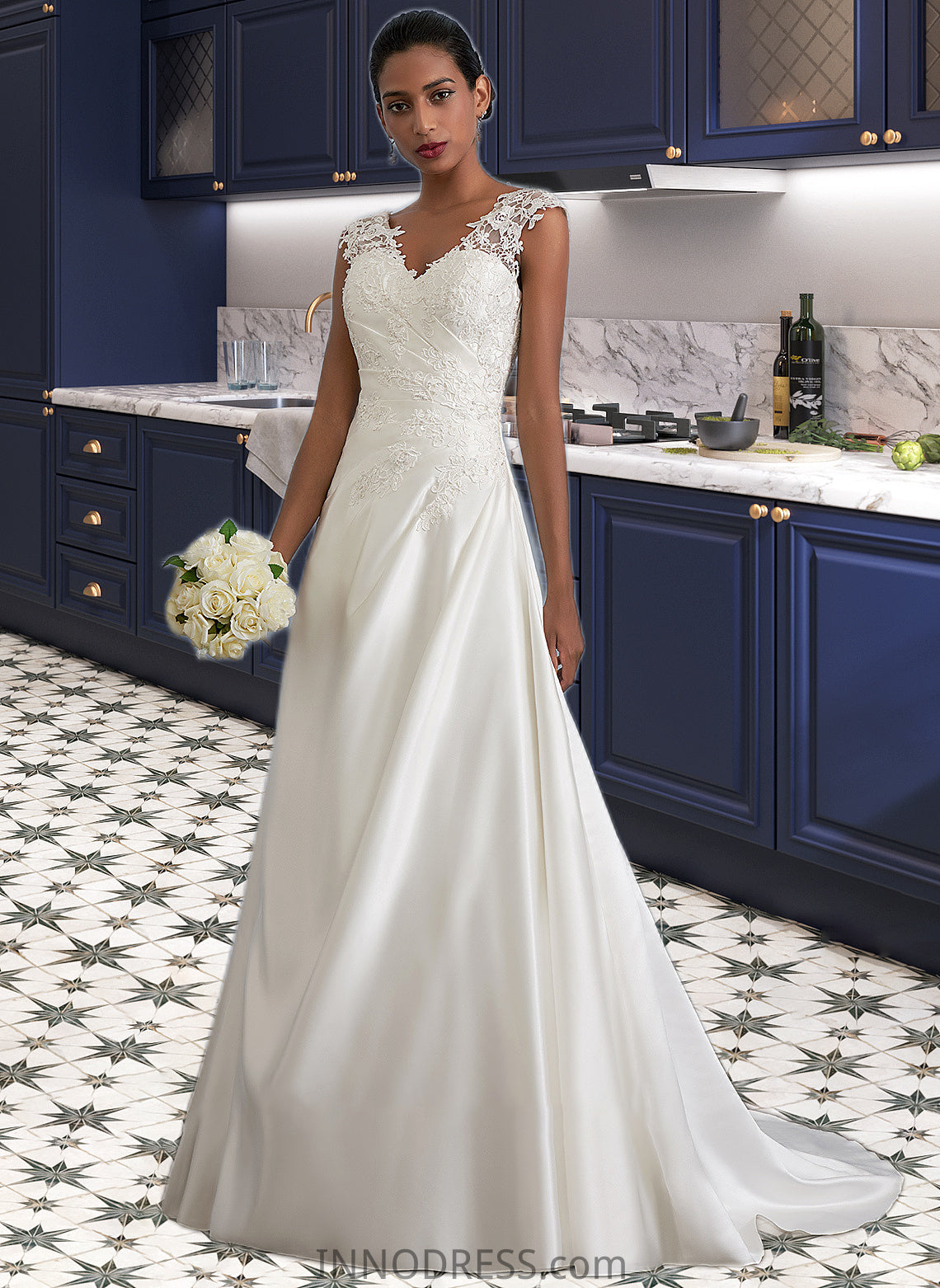 Aaliyah Ball-Gown/Princess V-neck Sweep Train Satin Wedding Dress With Ruffle Beading Sequins DPP0013693