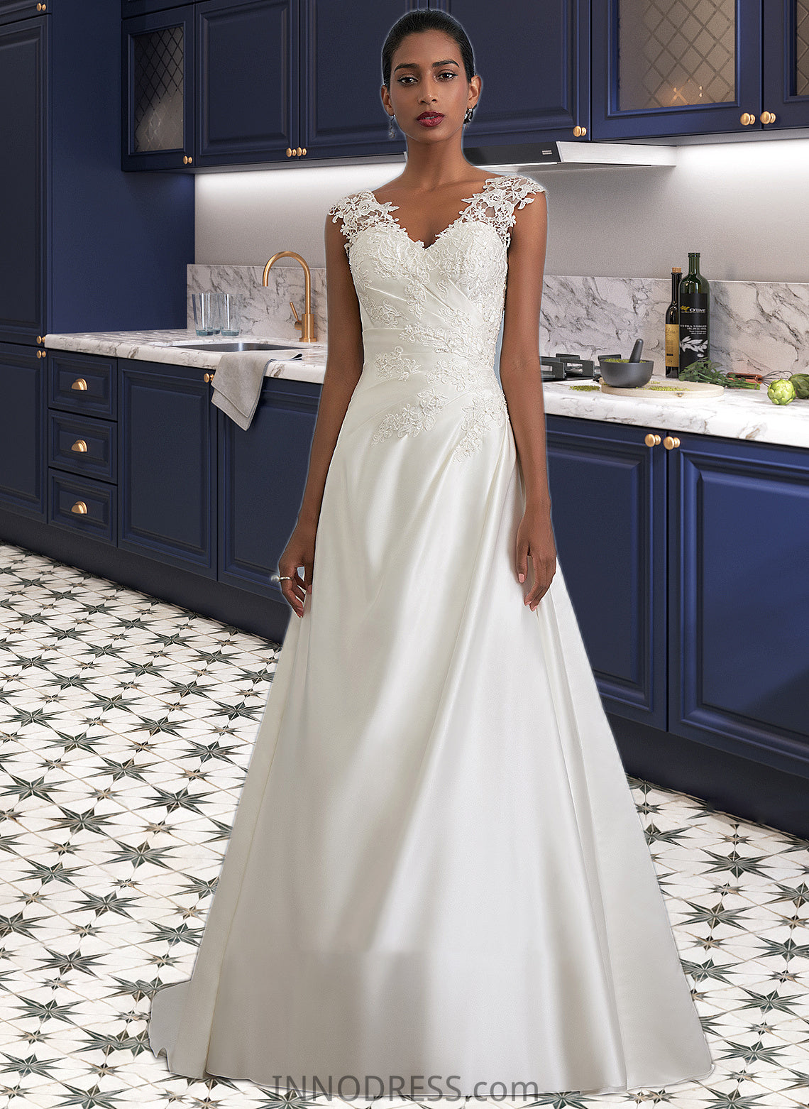 Aaliyah Ball-Gown/Princess V-neck Sweep Train Satin Wedding Dress With Ruffle Beading Sequins DPP0013693