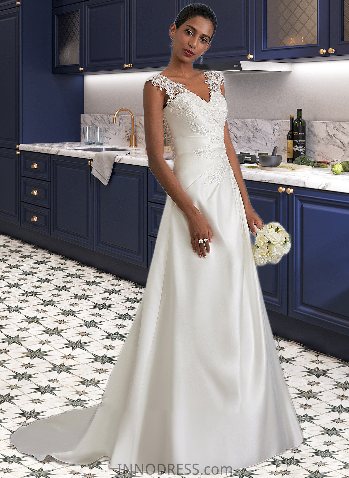 Aaliyah Ball-Gown/Princess V-neck Sweep Train Satin Wedding Dress With Ruffle Beading Sequins DPP0013693