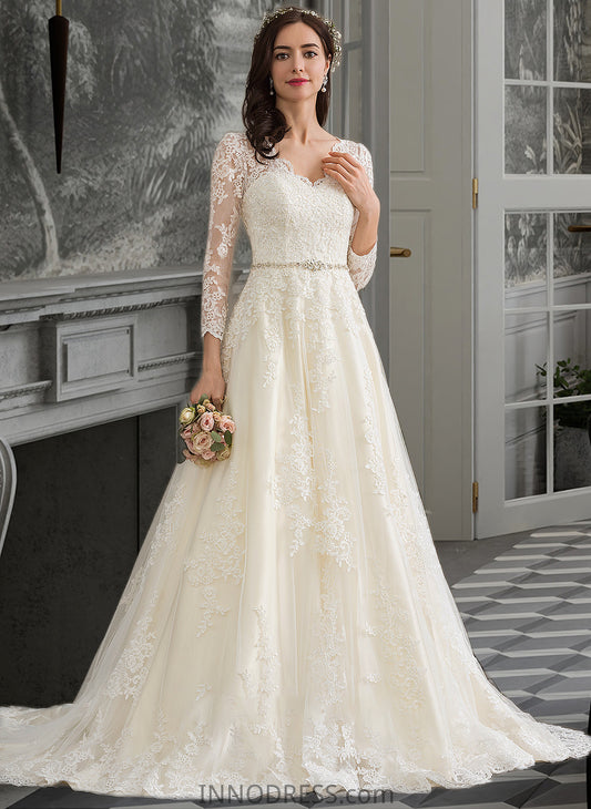 Mareli Ball-Gown/Princess V-neck Chapel Train Tulle Wedding Dress With Beading Sequins DPP0013695