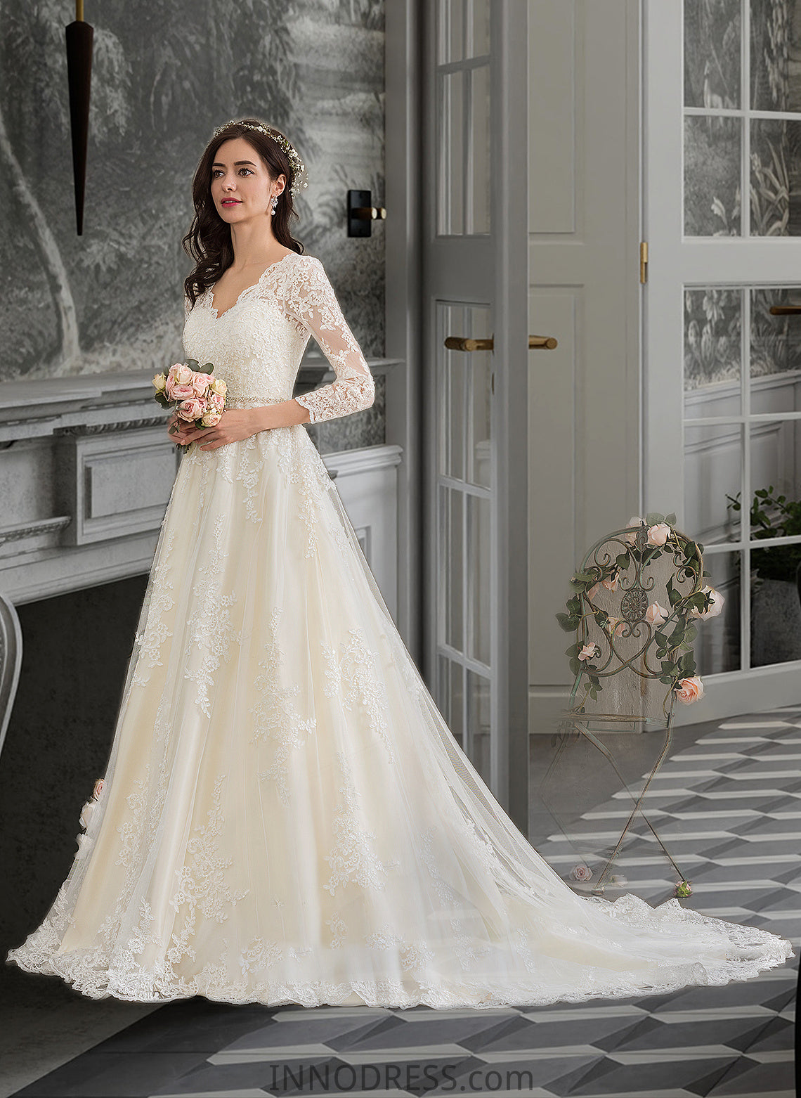 Mareli Ball-Gown/Princess V-neck Chapel Train Tulle Wedding Dress With Beading Sequins DPP0013695