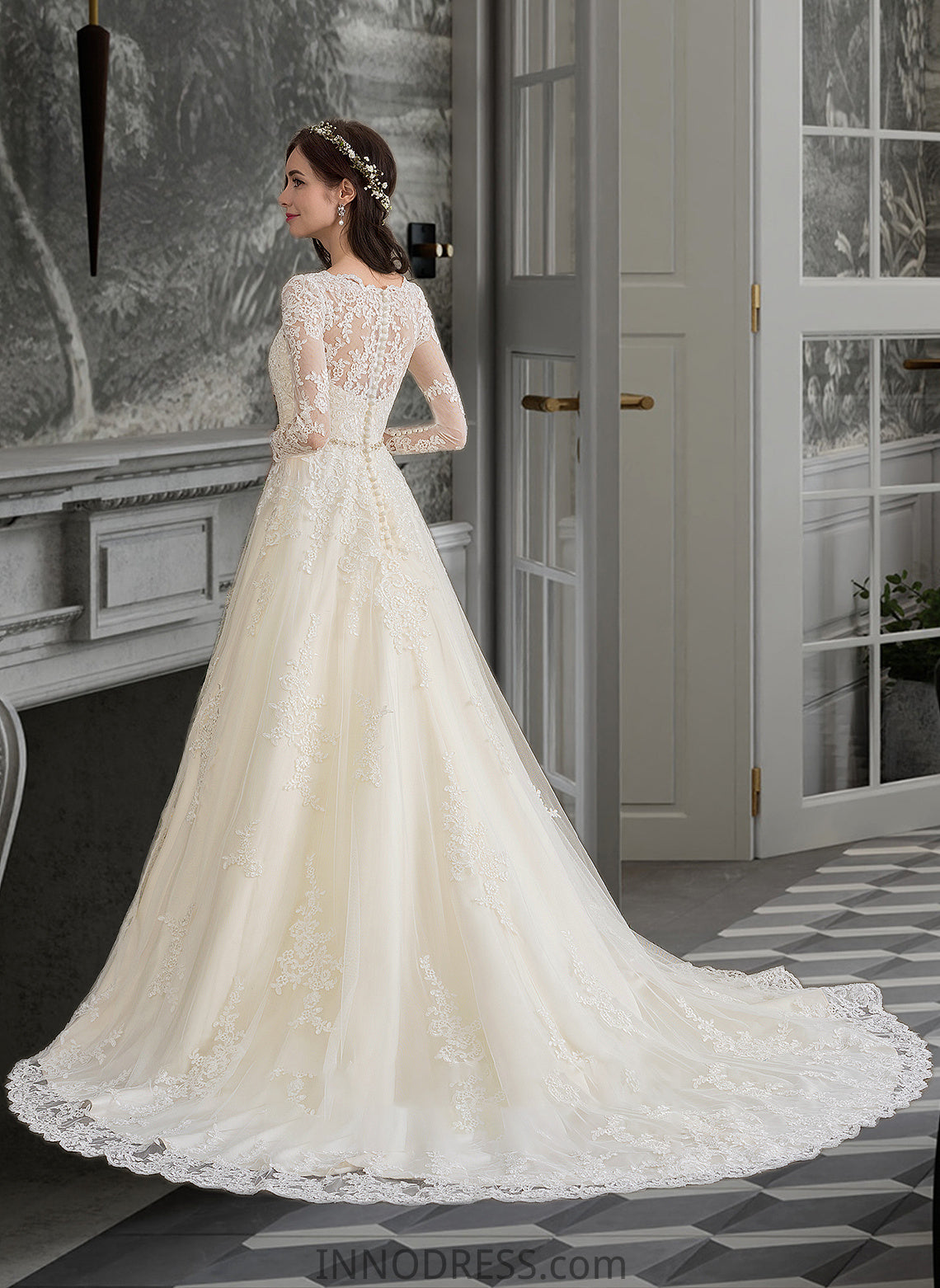 Mareli Ball-Gown/Princess V-neck Chapel Train Tulle Wedding Dress With Beading Sequins DPP0013695