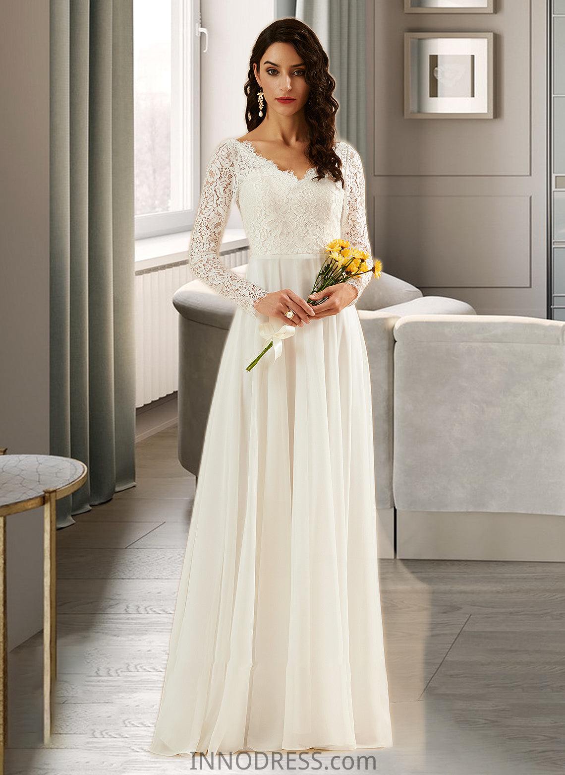 Lizeth A-Line V-neck Sweep Train Wedding Dress With Lace DPP0013696