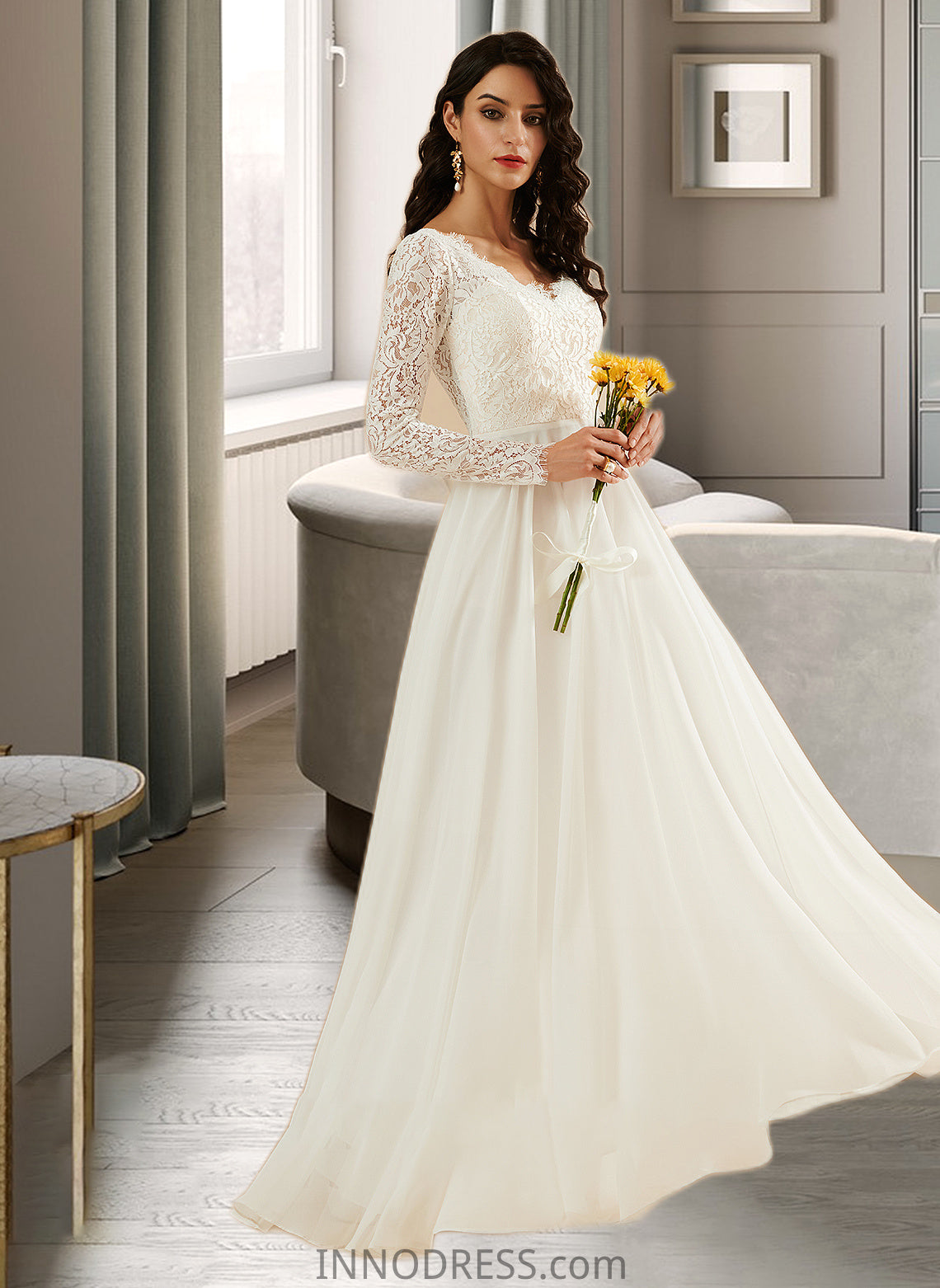 Lizeth A-Line V-neck Sweep Train Wedding Dress With Lace DPP0013696