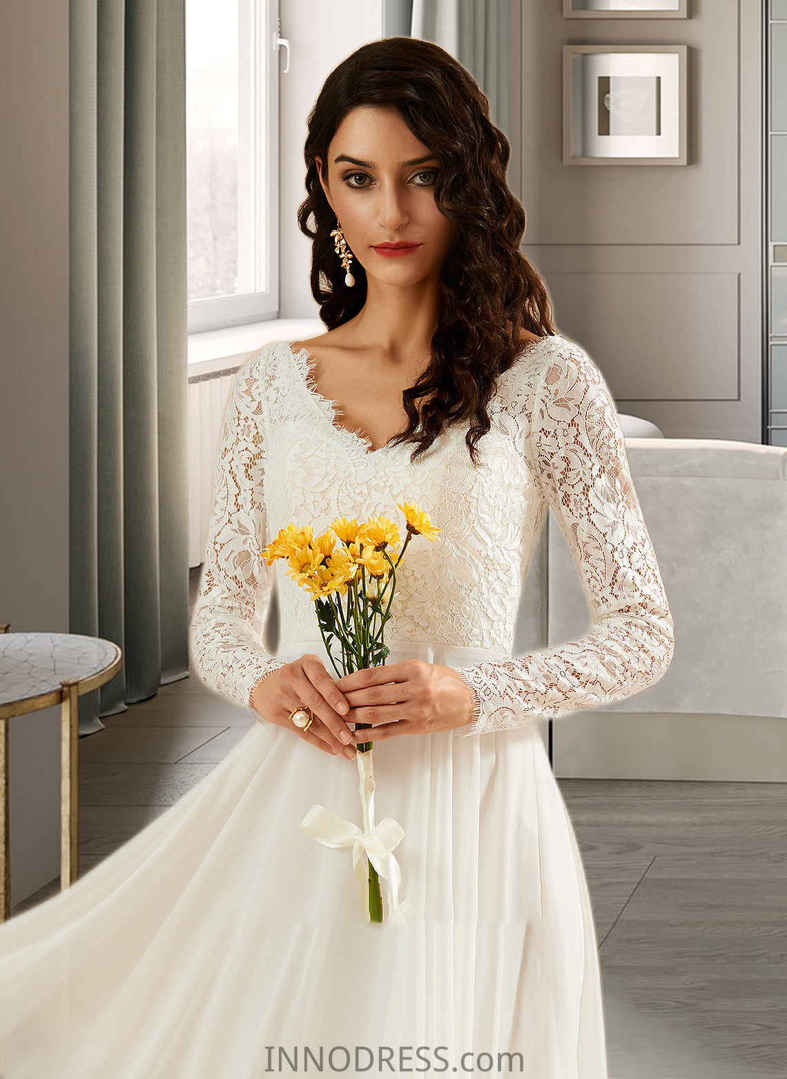 Lizeth A-Line V-neck Sweep Train Wedding Dress With Lace DPP0013696