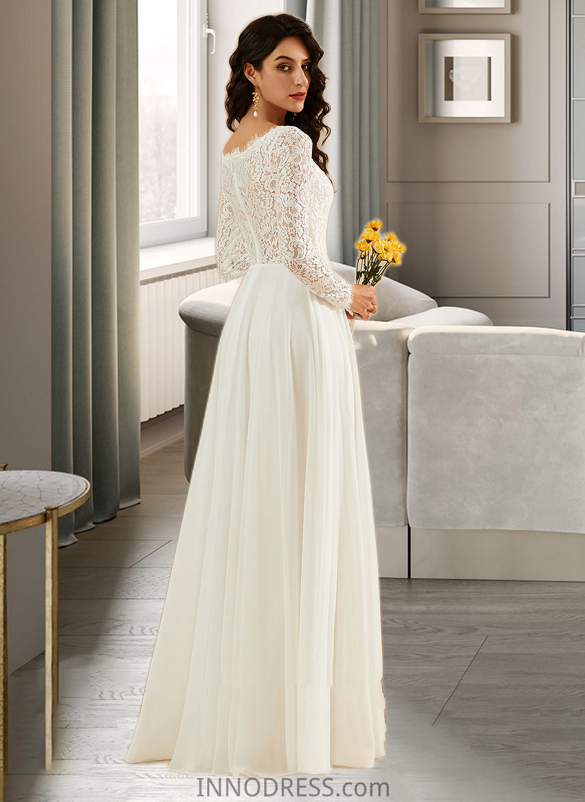 Lizeth A-Line V-neck Sweep Train Wedding Dress With Lace DPP0013696