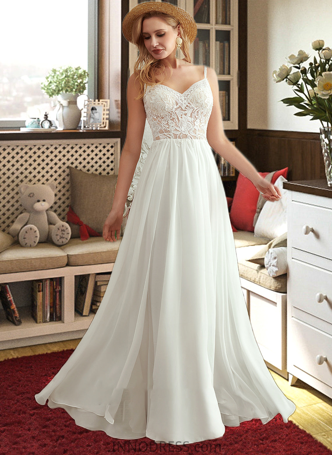 Juliana A-Line V-neck Floor-Length Wedding Dress With Beading Split Front DPP0013697