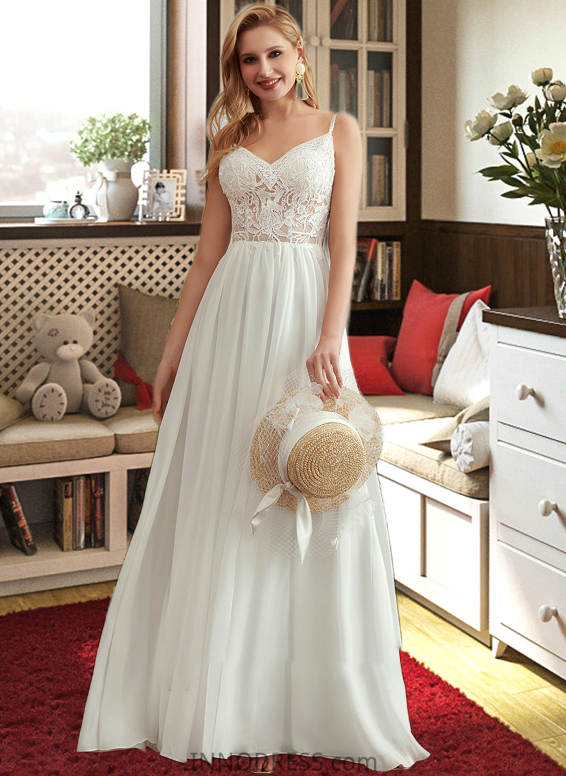 Juliana A-Line V-neck Floor-Length Wedding Dress With Beading Split Front DPP0013697