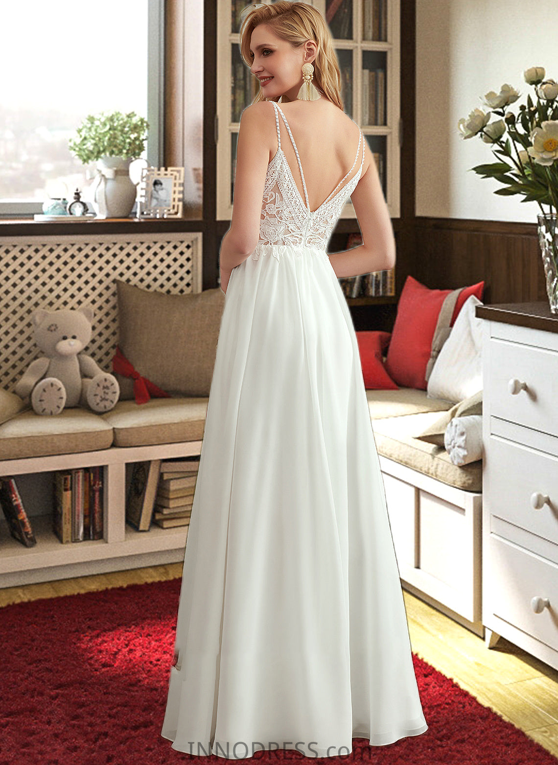 Juliana A-Line V-neck Floor-Length Wedding Dress With Beading Split Front DPP0013697