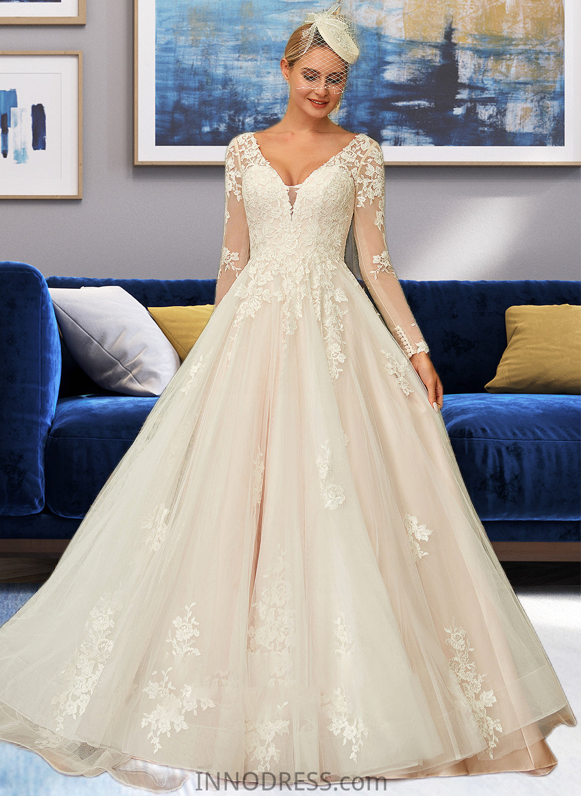 Liliana Ball-Gown/Princess V-neck Sweep Train Tulle Lace Wedding Dress DPP0013698